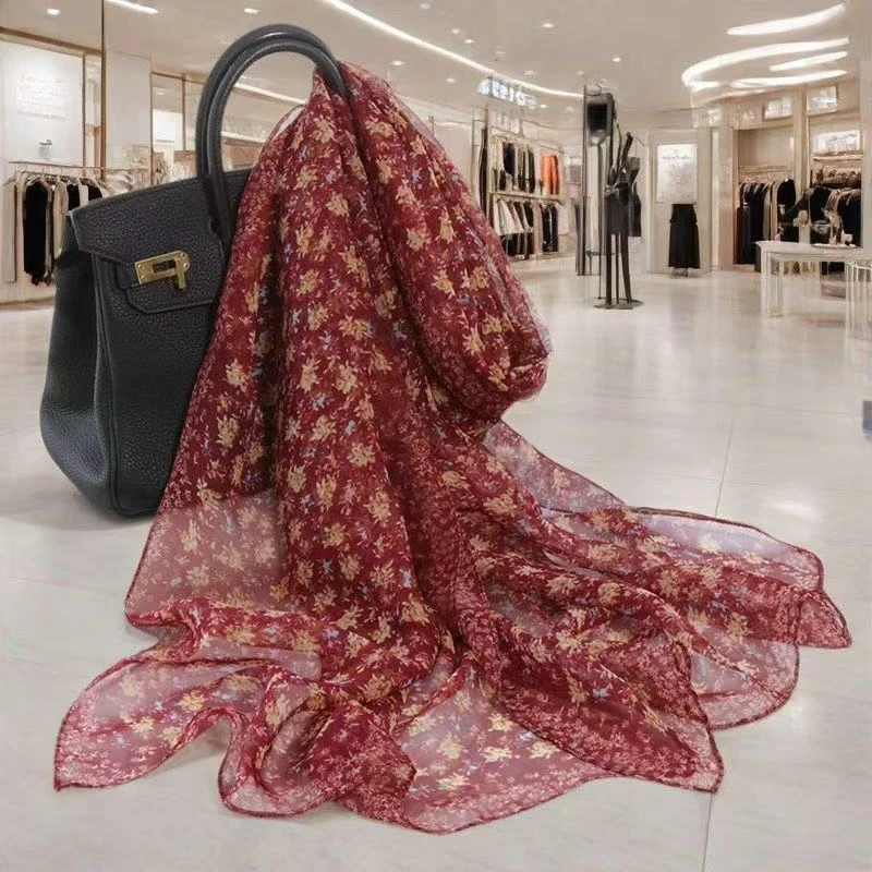 红色橘花优柔纱丝巾