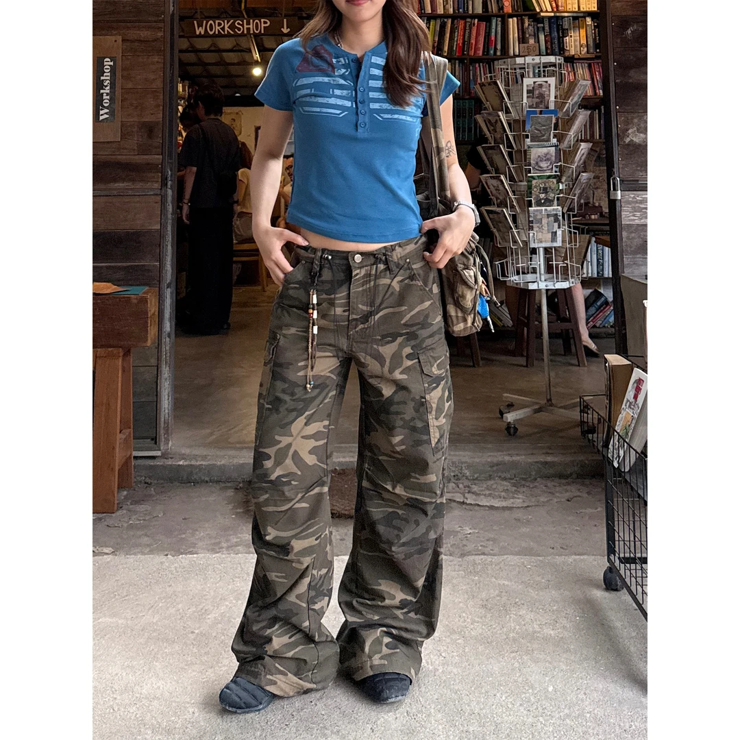川川也家美式复古薄款迷彩工装裤宽松休闲直筒裤中低腰裤子夏