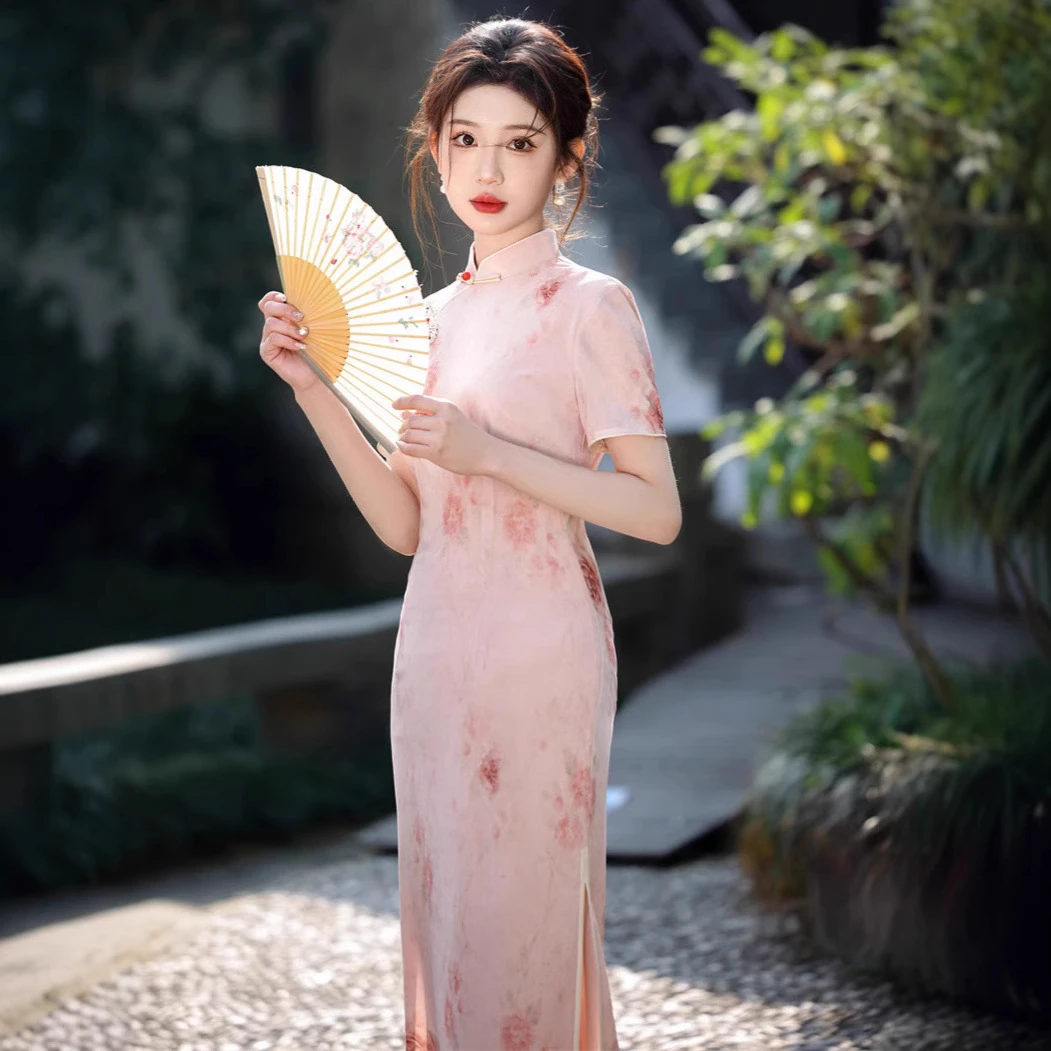 2025春夏新款 网纱印花长款粉色年轻款修身显瘦现货旗袍