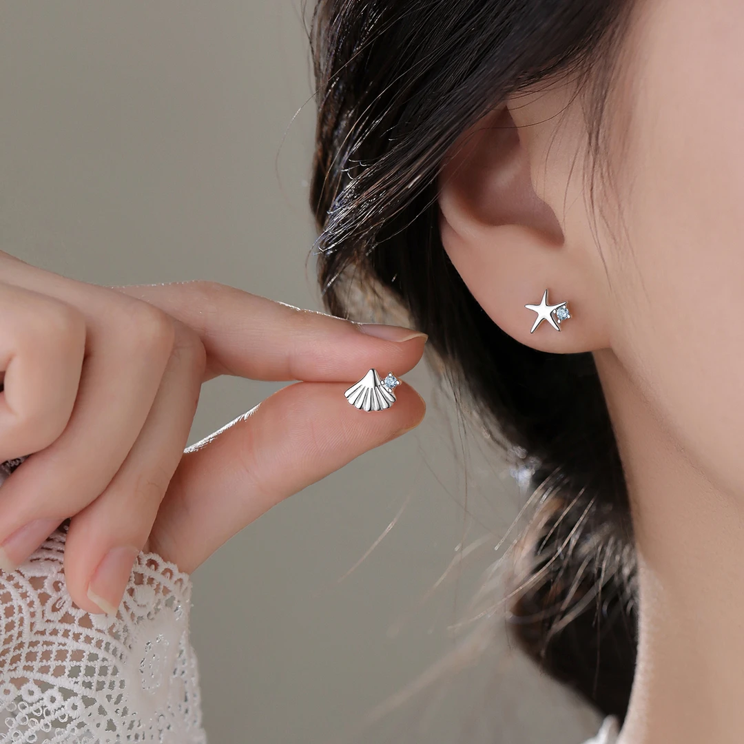 足银耳饰 999纯银海星贝壳耳钉不对称设计感小众清新气质精致女生