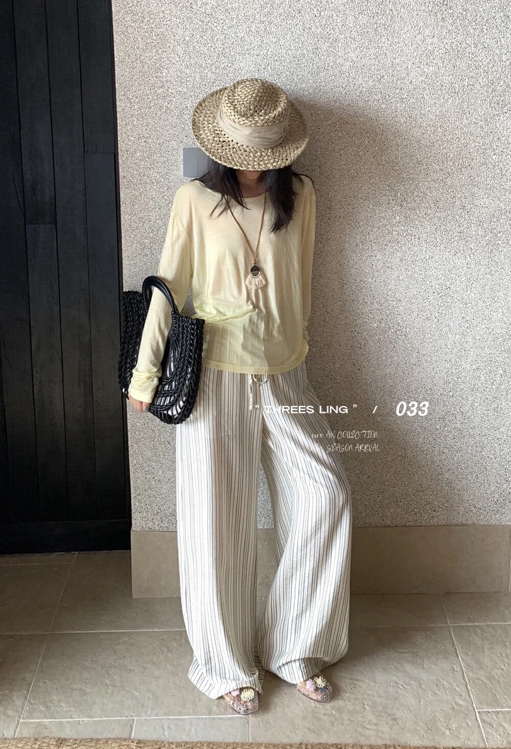 条纹裤！抽绳阔腿条纹裤（03R419#）033