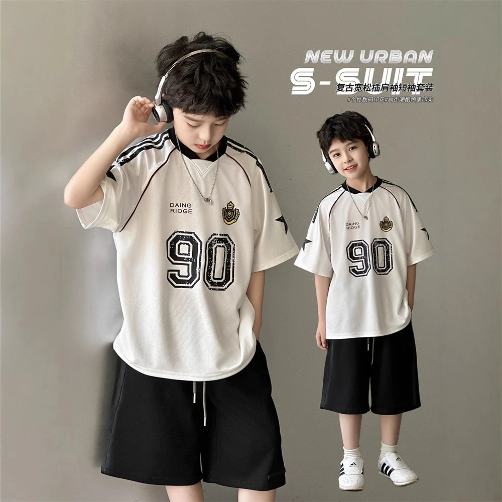 男童美式套装2025夏季新款中大童潮牌印花插肩袖网眼透气运动套装