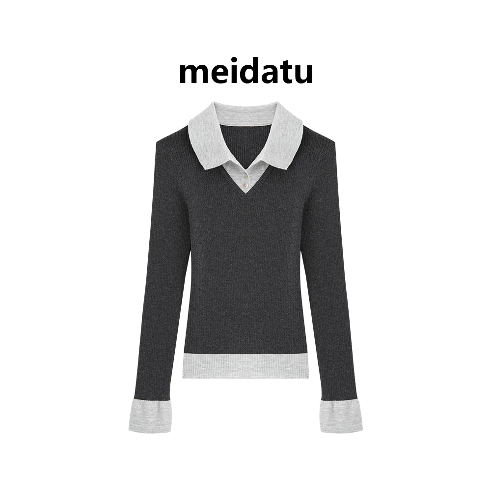美哒兔（撞色特调）学院风撞色假两件毛织上衣（高个子版）BAD284-25