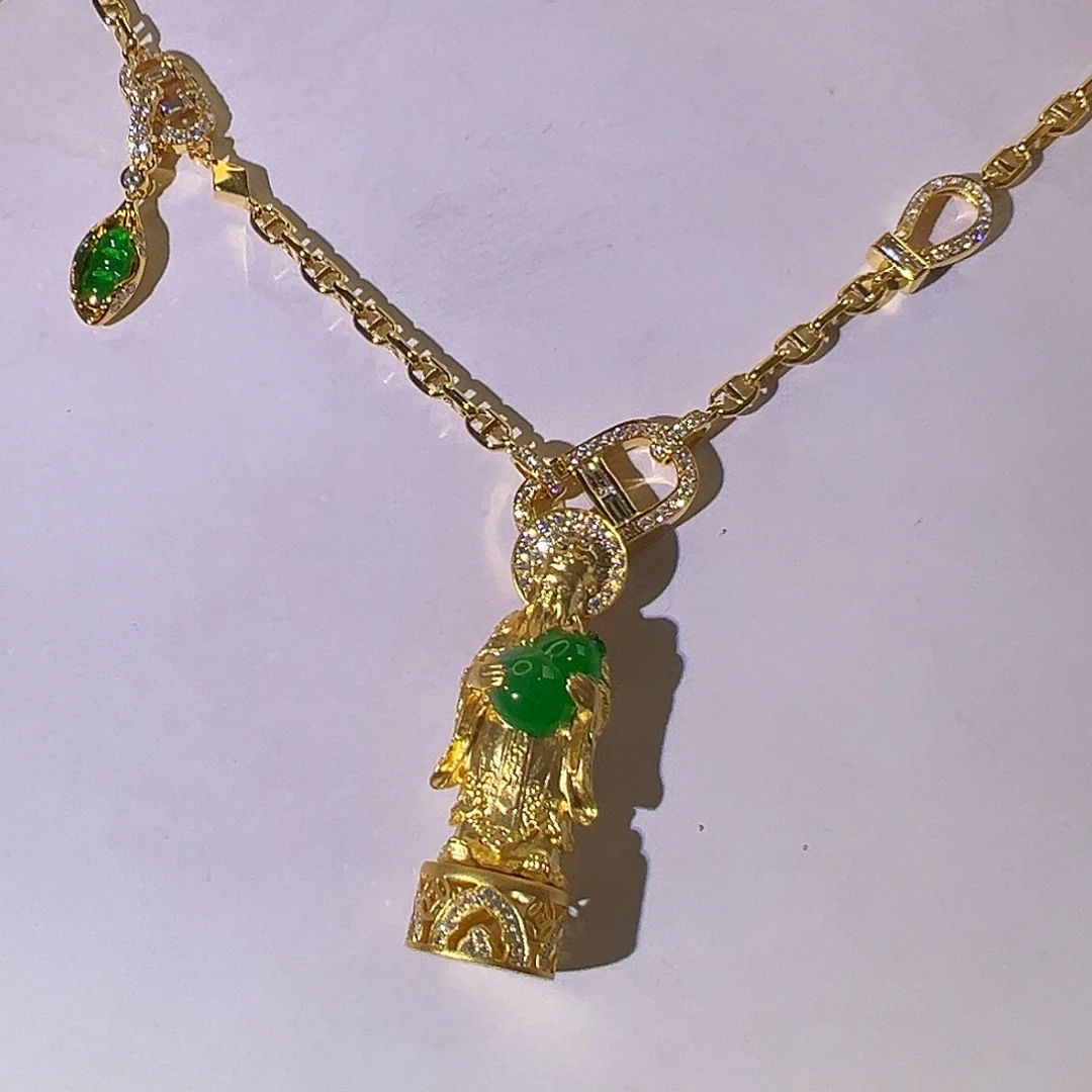 翡翠18K金镶嵌吊坠(赠链)冰阳绿翡翠葫芦设计款财神爷
