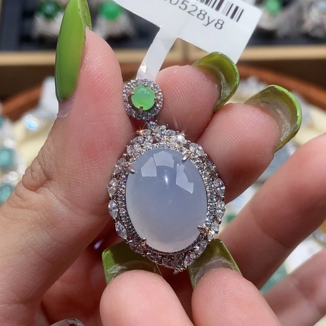 翡翠银S925镶嵌颈饰纯天然缅甸翡翠A货白冰吊坠