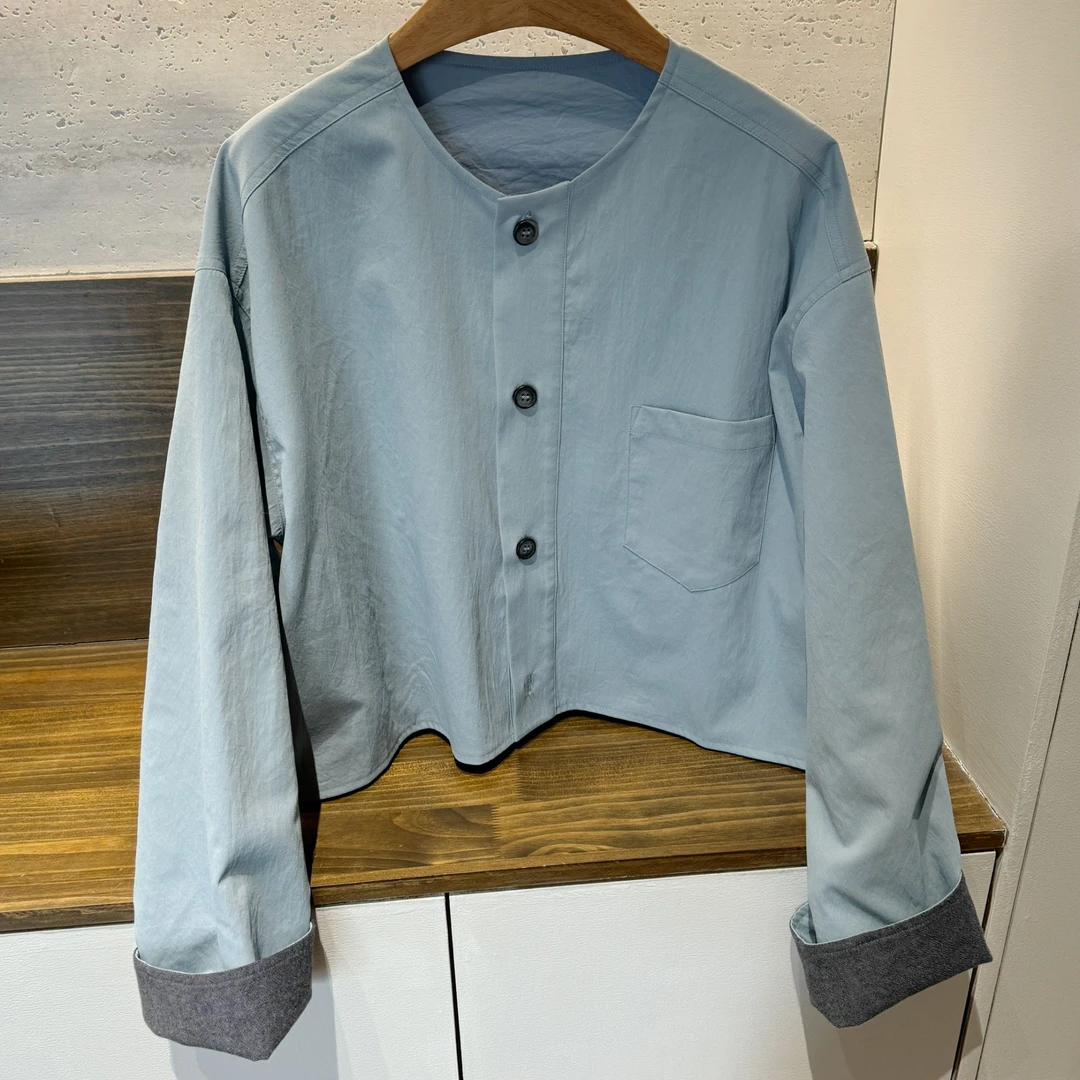 【海岸拾趣】拼接蓝色圆领衬衫气质长袖短款外套时尚休闲上衣女纯色