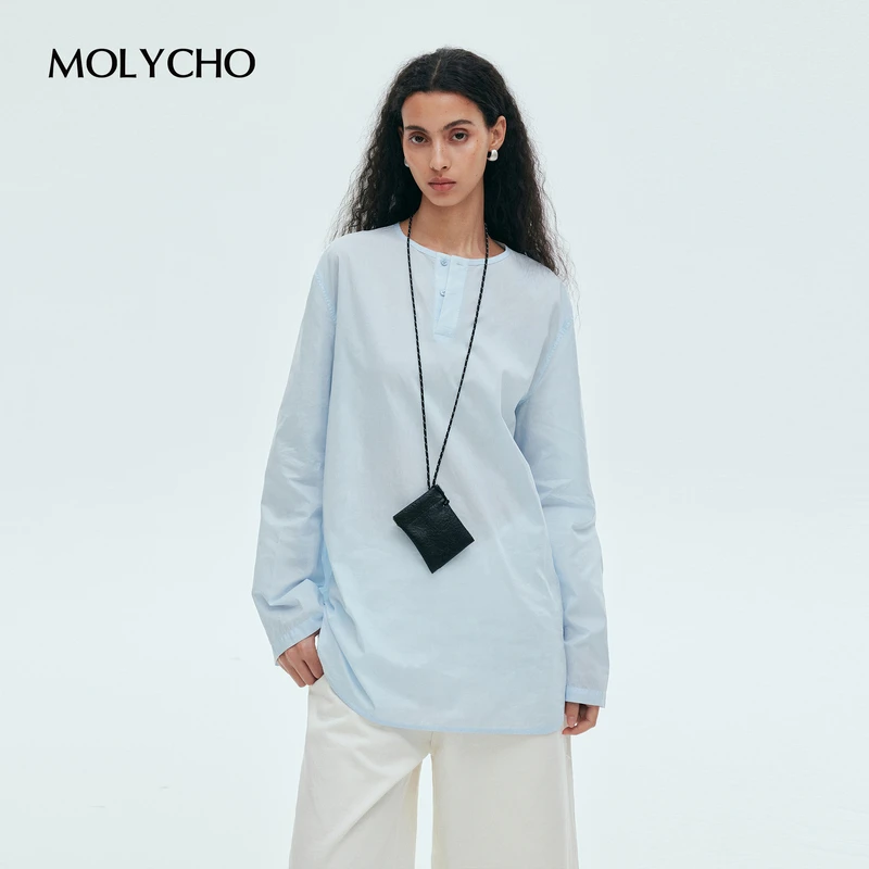 MOLYCHO | 轻盈垂感-蓝色慵懒风薄款圆领T恤女/宽松休闲长袖上衣