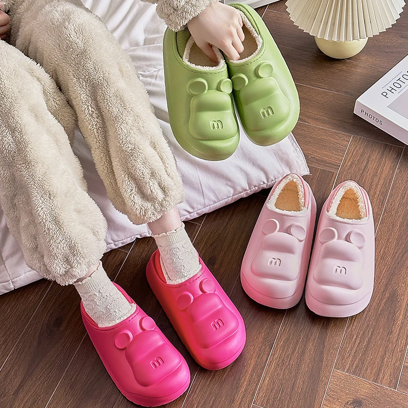 女士冬季可爱小熊两穿保暖防水防风包跟棉拖鞋冬天