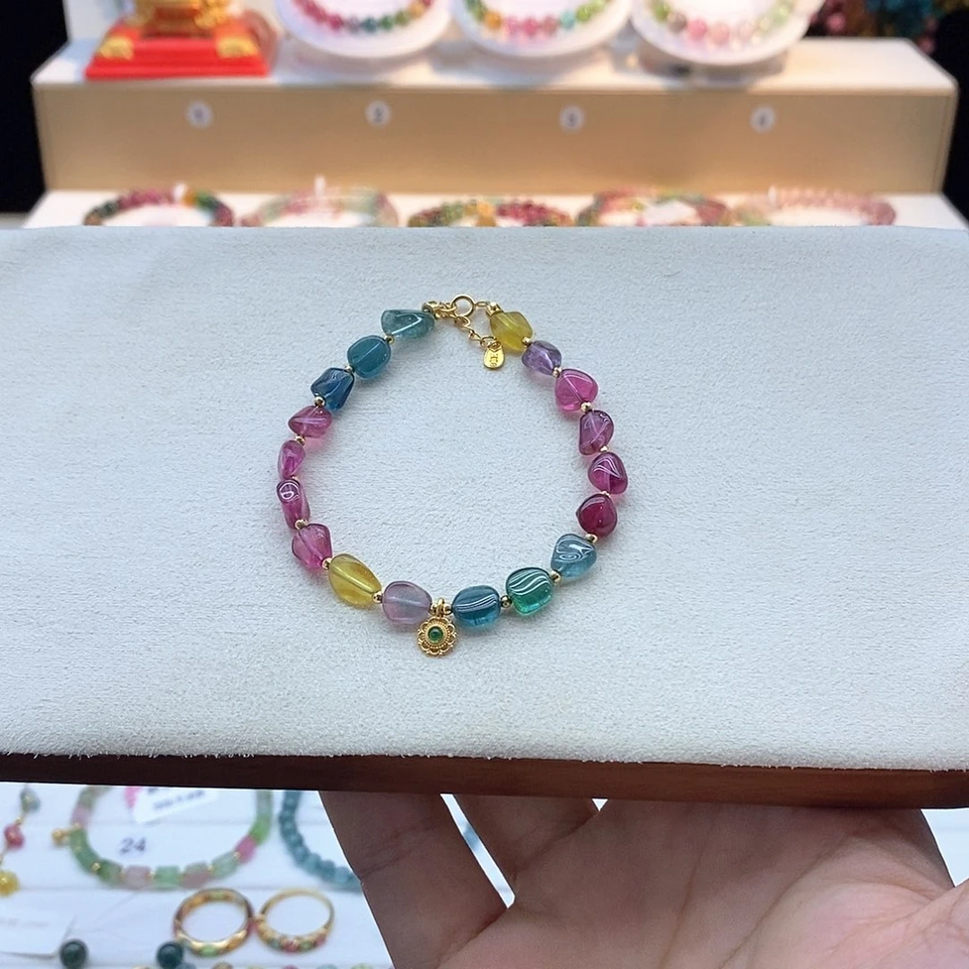 碧玺荧光色标原石糖豆手链未镶嵌