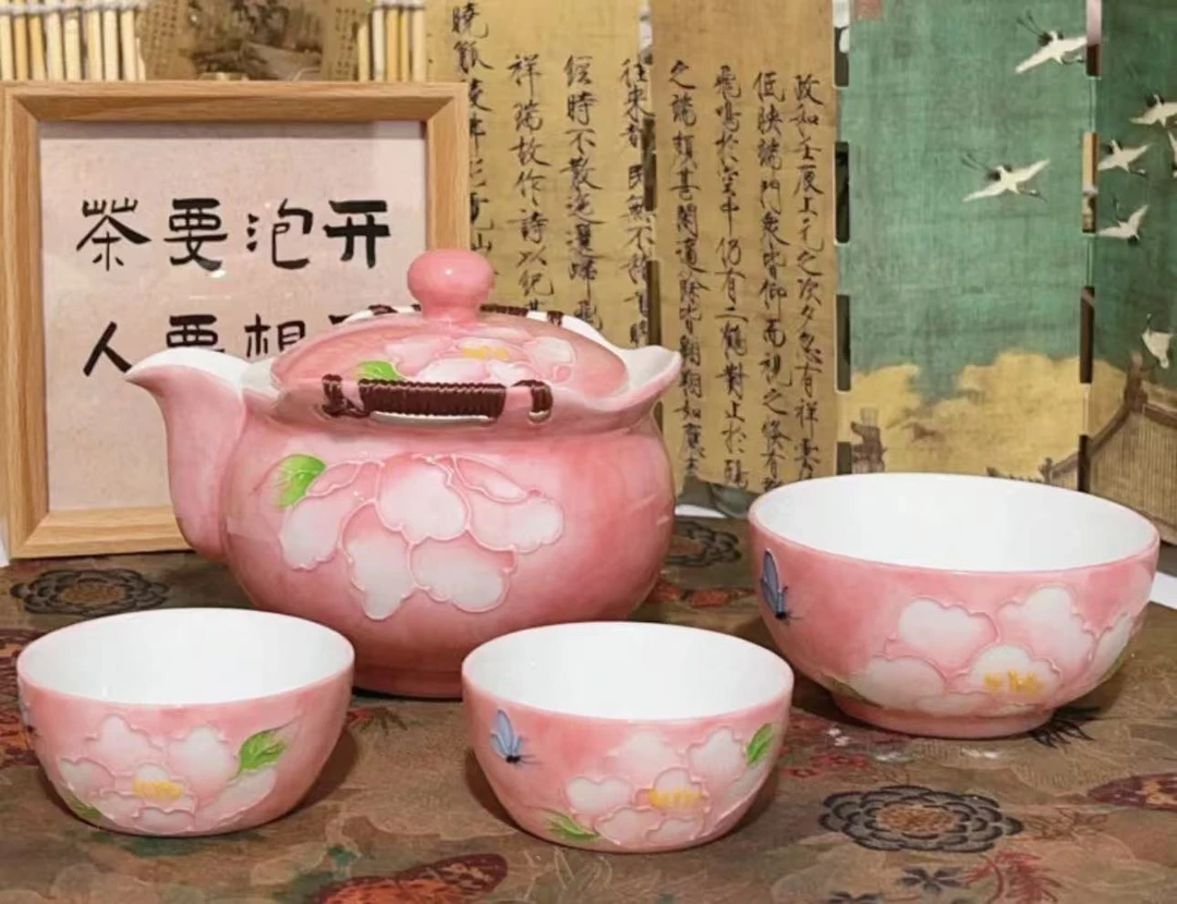 Y—105 纯手绘旅行茶具粉色一壶三杯便携式泡茶壶露营户外