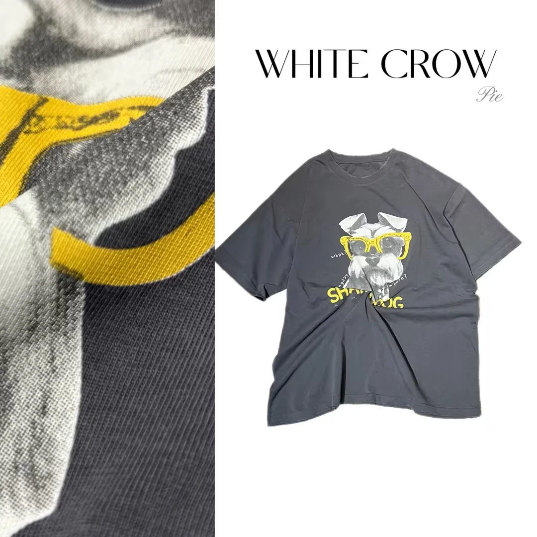 白乌鸦【眼镜雪纳瑞】短袖设计师印花轻奢 7399