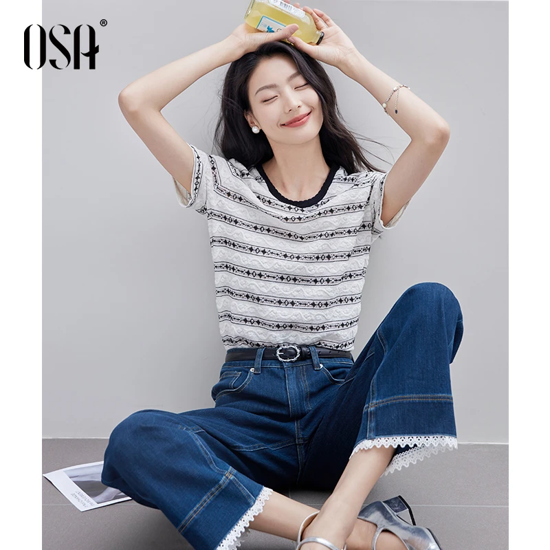 OSA/欧莎 复古提花立体蕾丝T恤女夏小众休闲通勤短袖S125B11045