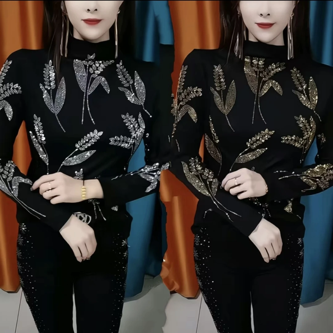 谷秋冬款磨毛大麦穗重工烫钻T恤气质半高领长袖遮肉洋气打底衫