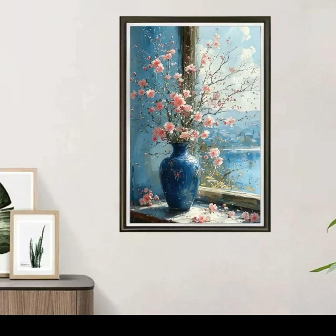 蓝花瓶时尚餐厅客厅轻奢挂画钢化玻璃装裱实物鎏金画装饰画玻璃画
