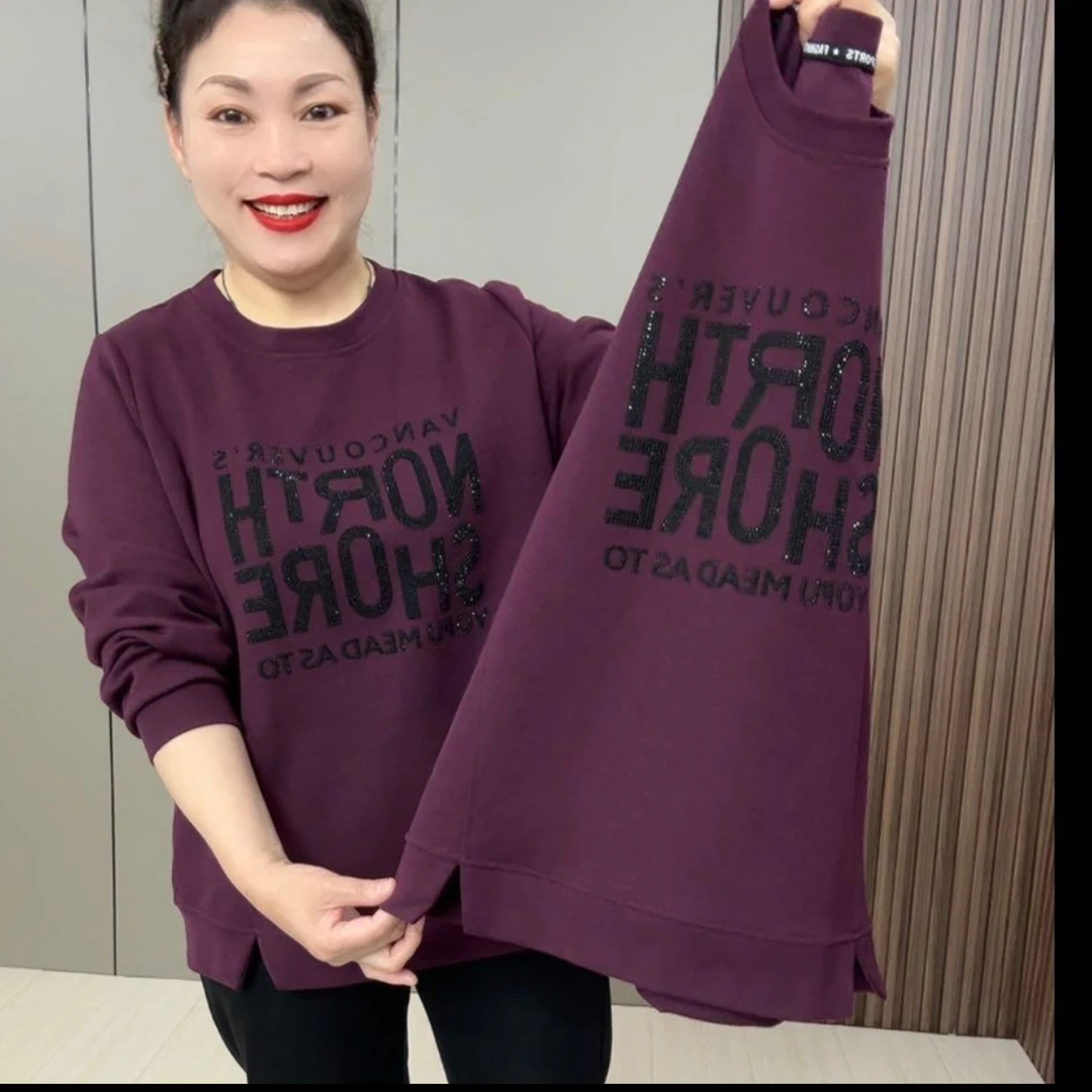 1816梵#大码时尚烫钻圆领款秋季字母长袖休闲卫衣宽松女装上衣