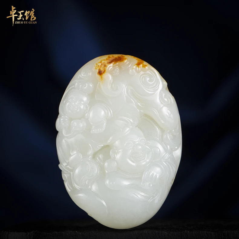 【卓玉馆】佛戏童子 和田白玉红皮笑佛一级白手把件 苏工