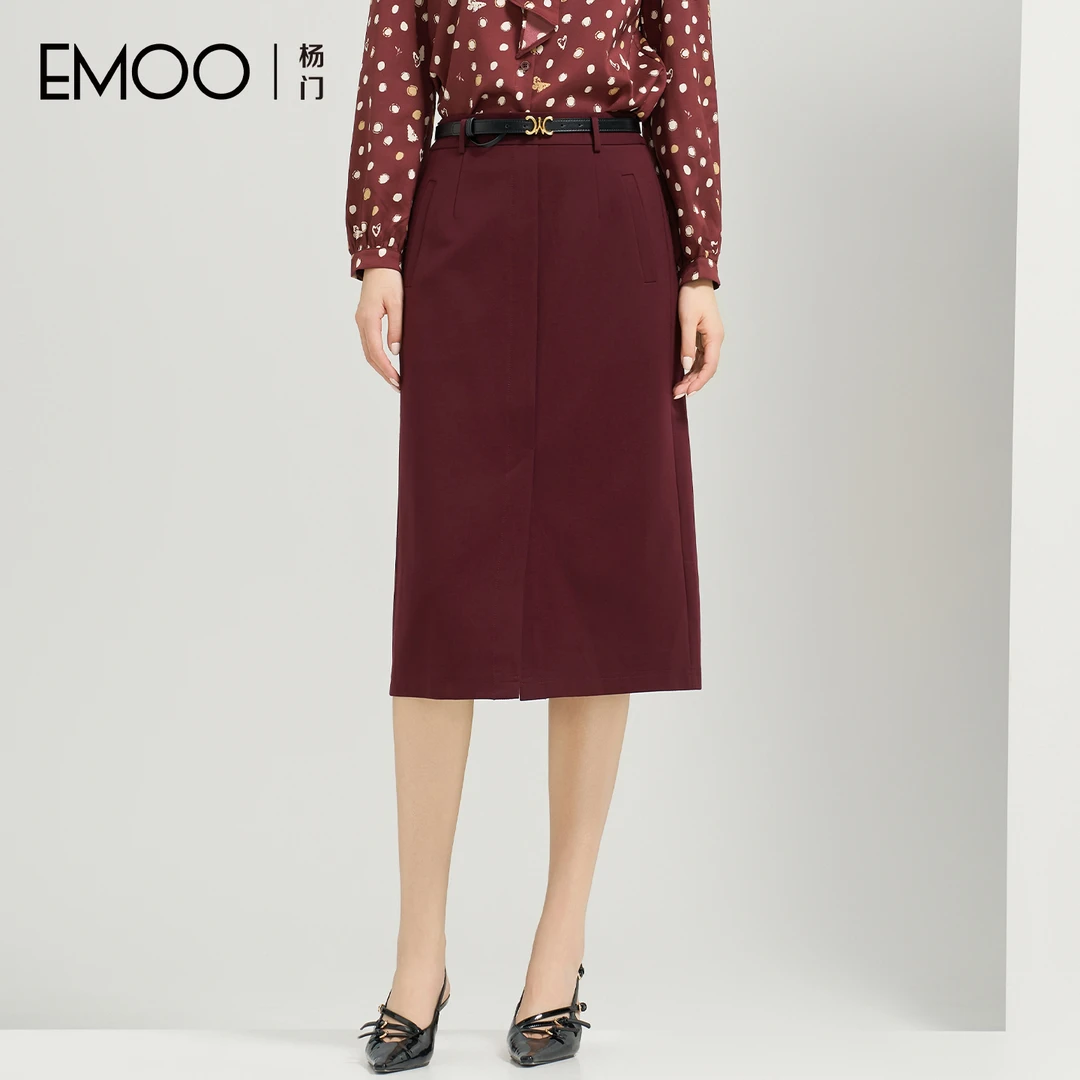 EMOO/杨门拼接中长款高腰通勤风秋冬亲肤半身裙女显瘦E34C013456