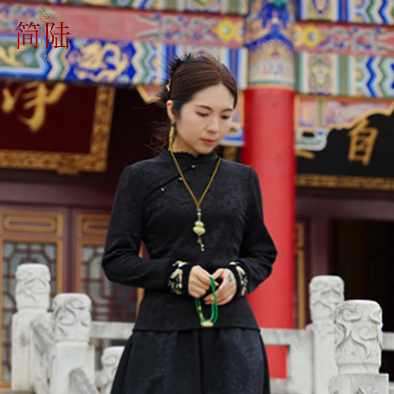 简陆【南枝】桑蚕丝真丝刺绣立领斜襟新中式国风加厚打底衫-10129