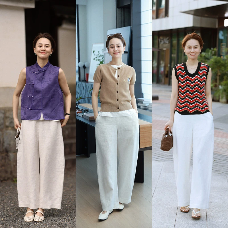 WinnieTang100%亚麻立裁茧型宽松垂感阔腿裤 防走光白色透气长裤