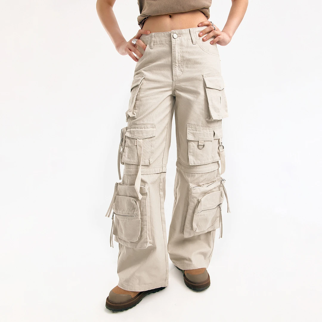 NO ONE ELSE美式复古女装秋季可拆卸工装长裤拉链口袋阔腿休闲裤