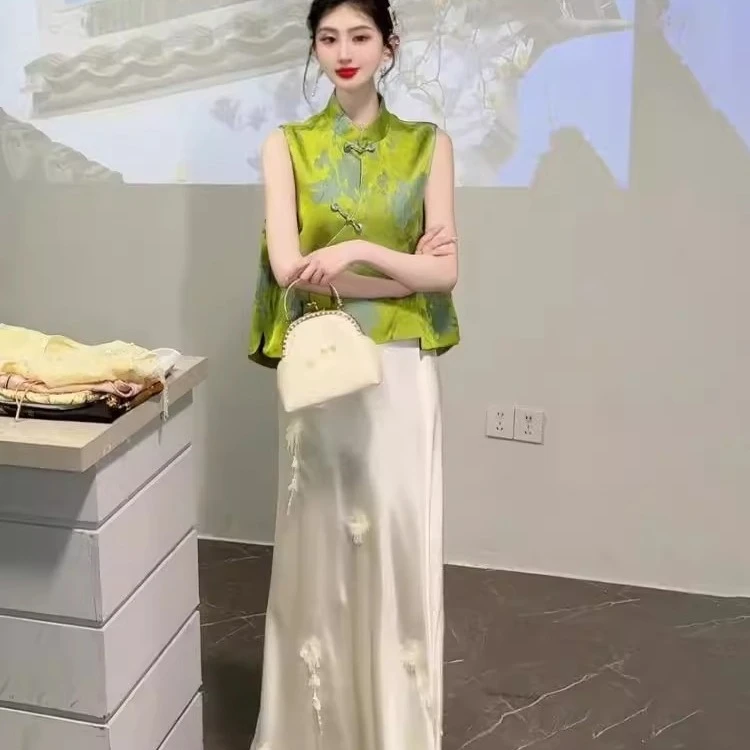 新中式国风套装女夏季新款高级感气质名媛高端绿色马甲半身裙套装