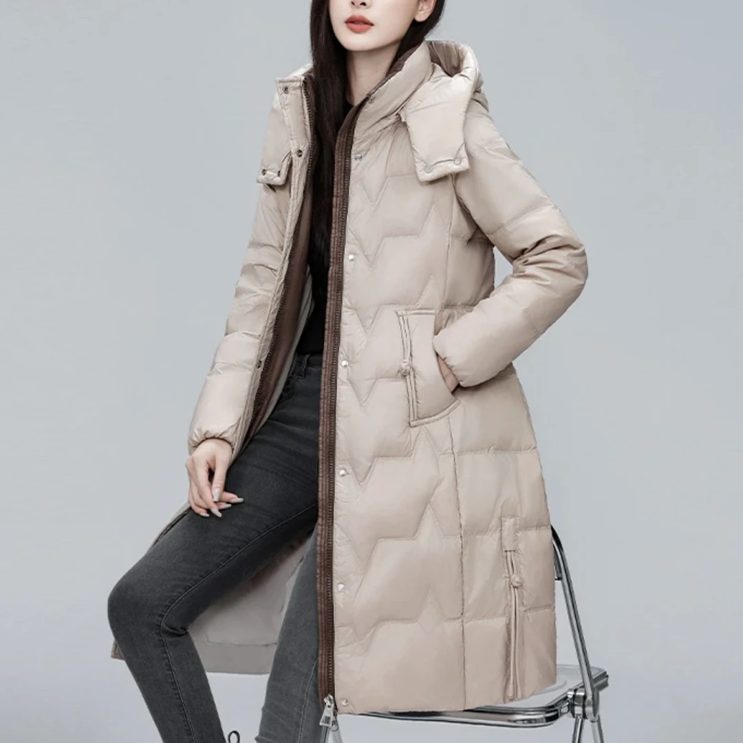 【羽绒服】2025年冬季白鹅绒收腰显瘦休闲时尚加厚百搭中长款羽绒服