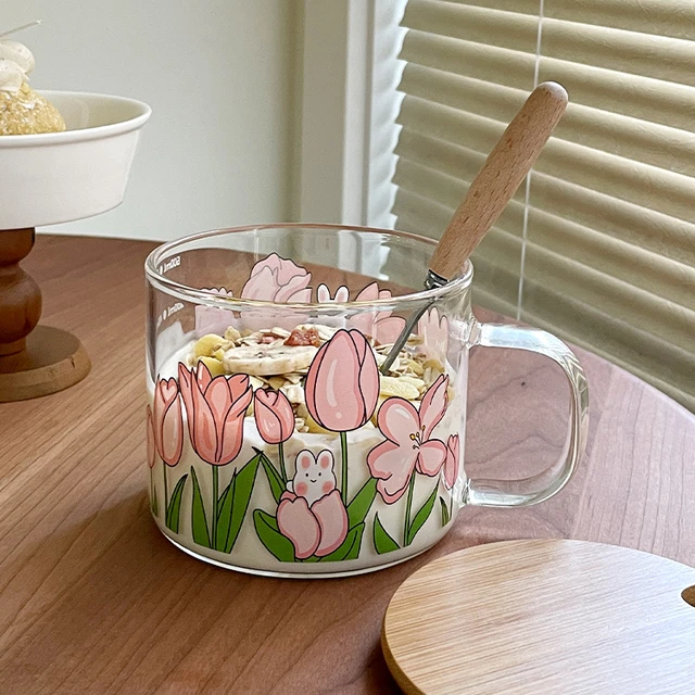 美女玻璃杯，带把手早餐杯，耐热咖啡奶杯，带盖子和勺子的大容量