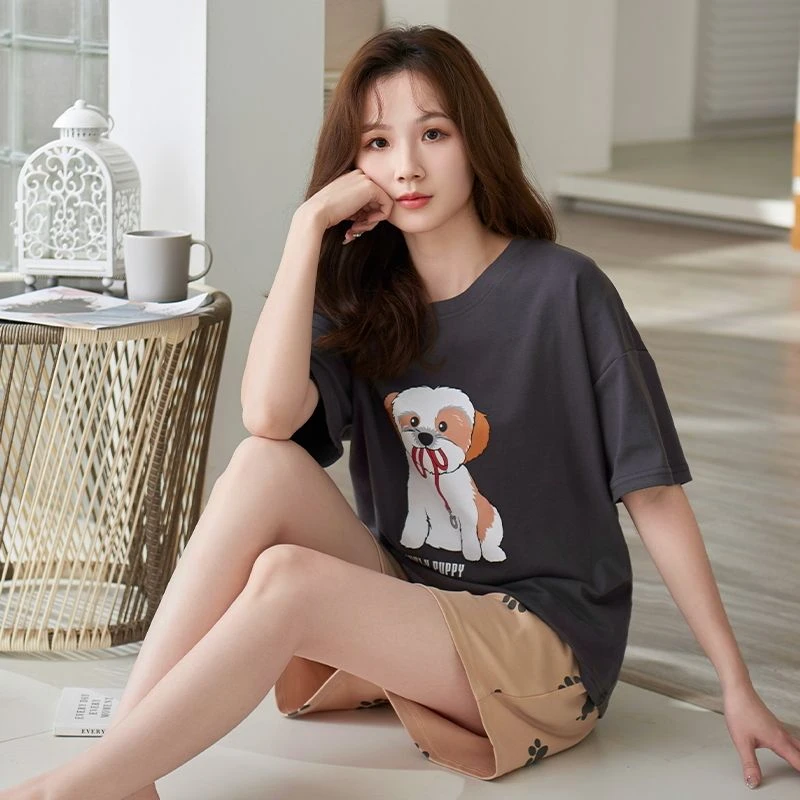 短袖圆领少女网红夏季仿棉可爱夏天短裤家居服女睡衣套装