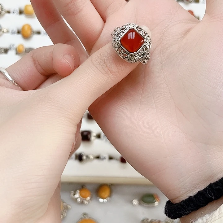 血珀戒指银S925镶嵌天然
