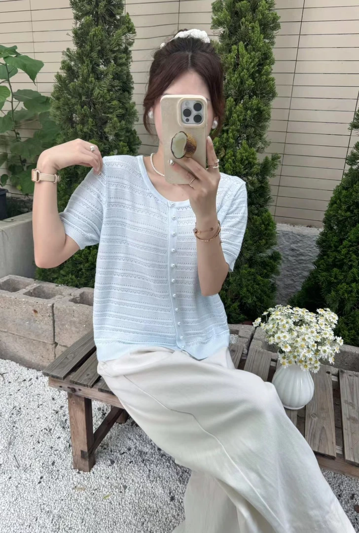 薄款毛针织衫镂空开衫女装短袖宽松型夏季宽松纯色