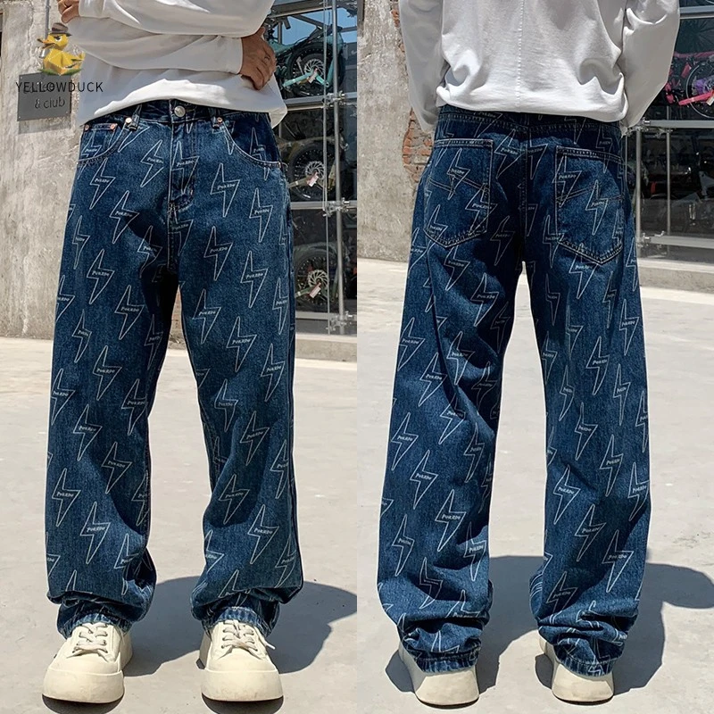美式高街提花闪电印花牛仔裤男款潮牌宽松直筒阔腿休闲情侣长裤子