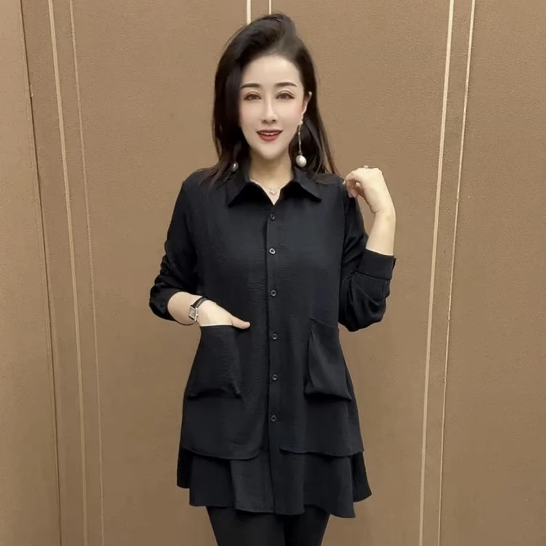 时尚气质宽松大口袋大版衬衫2025春季新款洋气百搭妈妈中长款衬衣