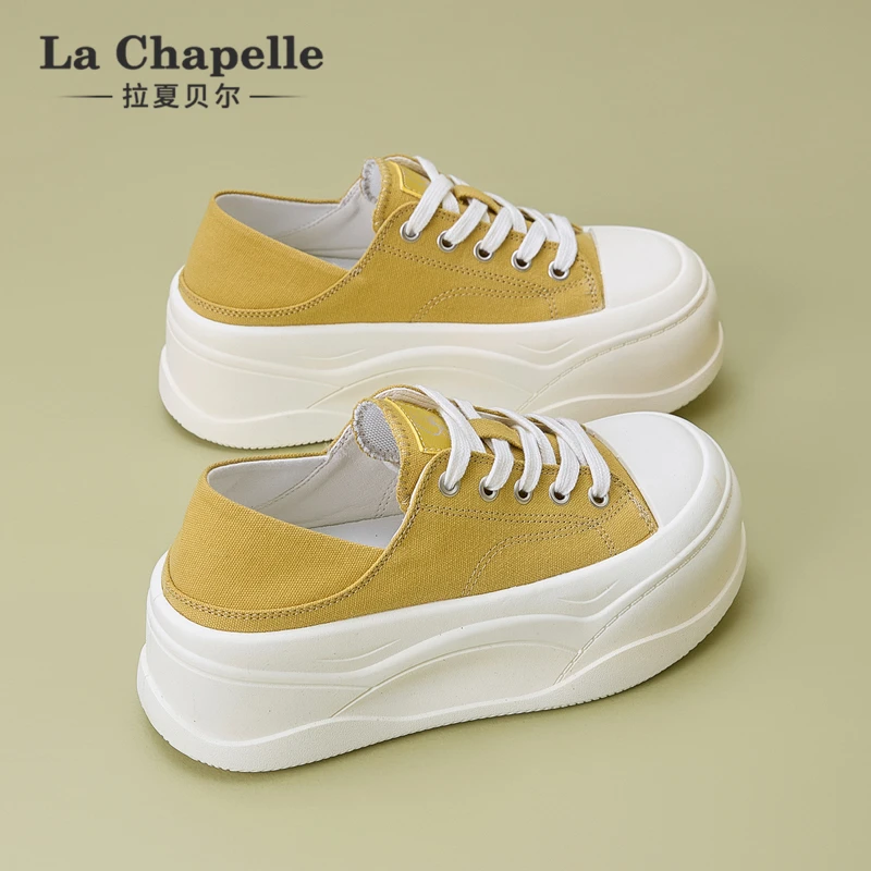 拉夏贝尔黄色帆布鞋子2025夏季新款软底不累脚厚底增高休闲板鞋子