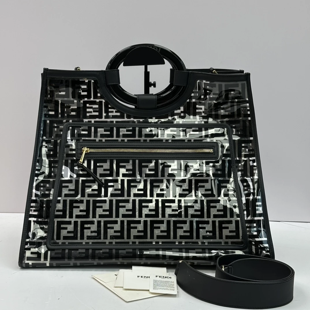 95新 FENDI/芬迪 runaway黑金透明手提斜挎托特包 10007