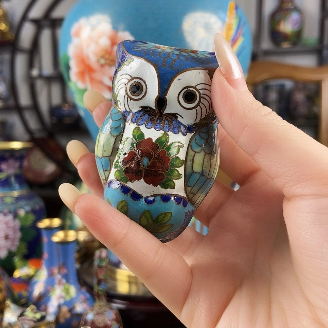 心***阳铜景泰蓝猫头鹰粉盒（二蓝）