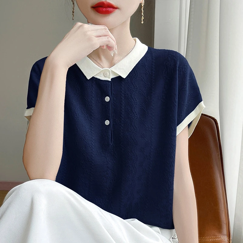 时尚大牌女装新款夏季薄款短袖POLO翻领减龄洋气撞色宽松T恤上衣