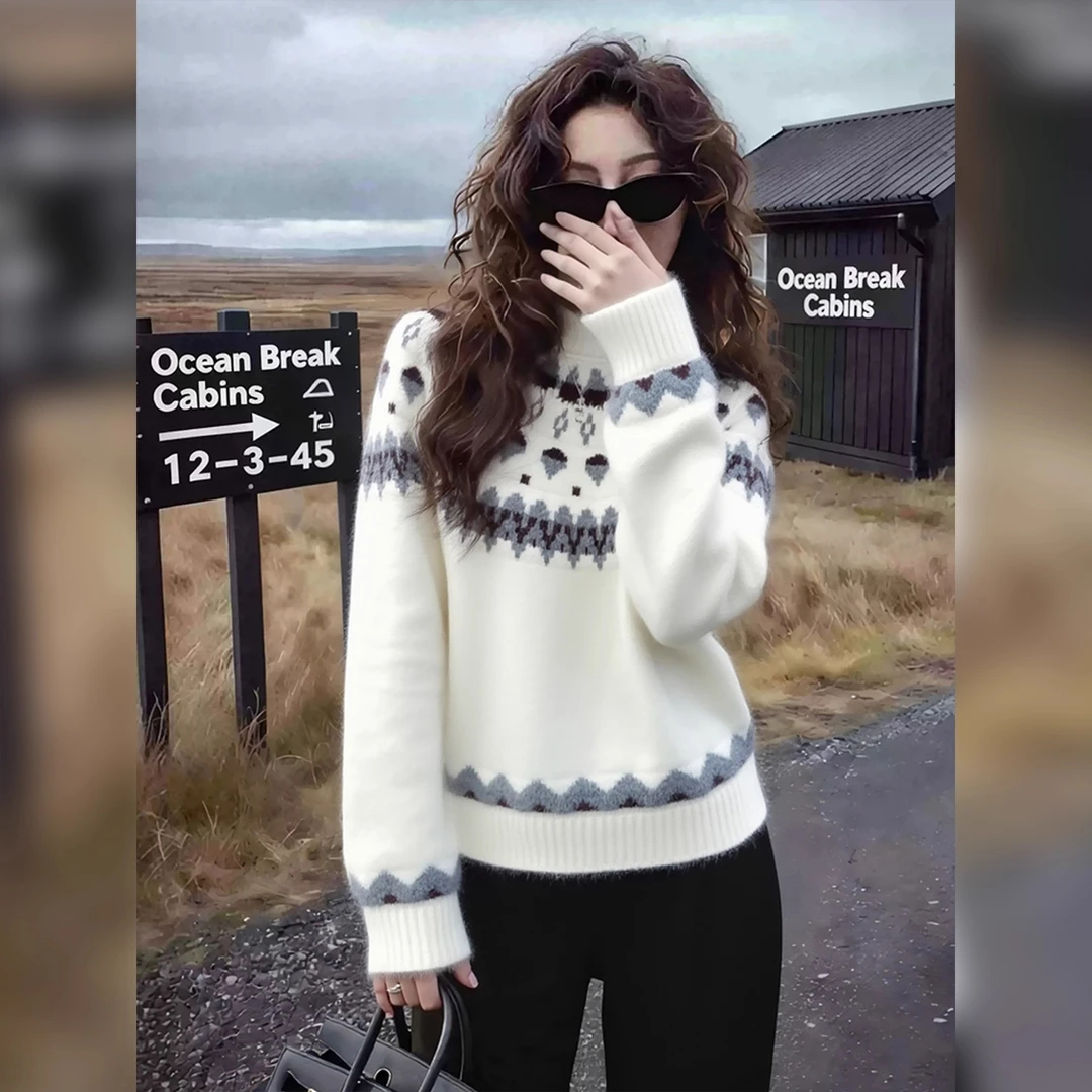 费尔岛2025冬季圆领加厚针织衫毛衣女款慵懒风设计感保暖打底上衣