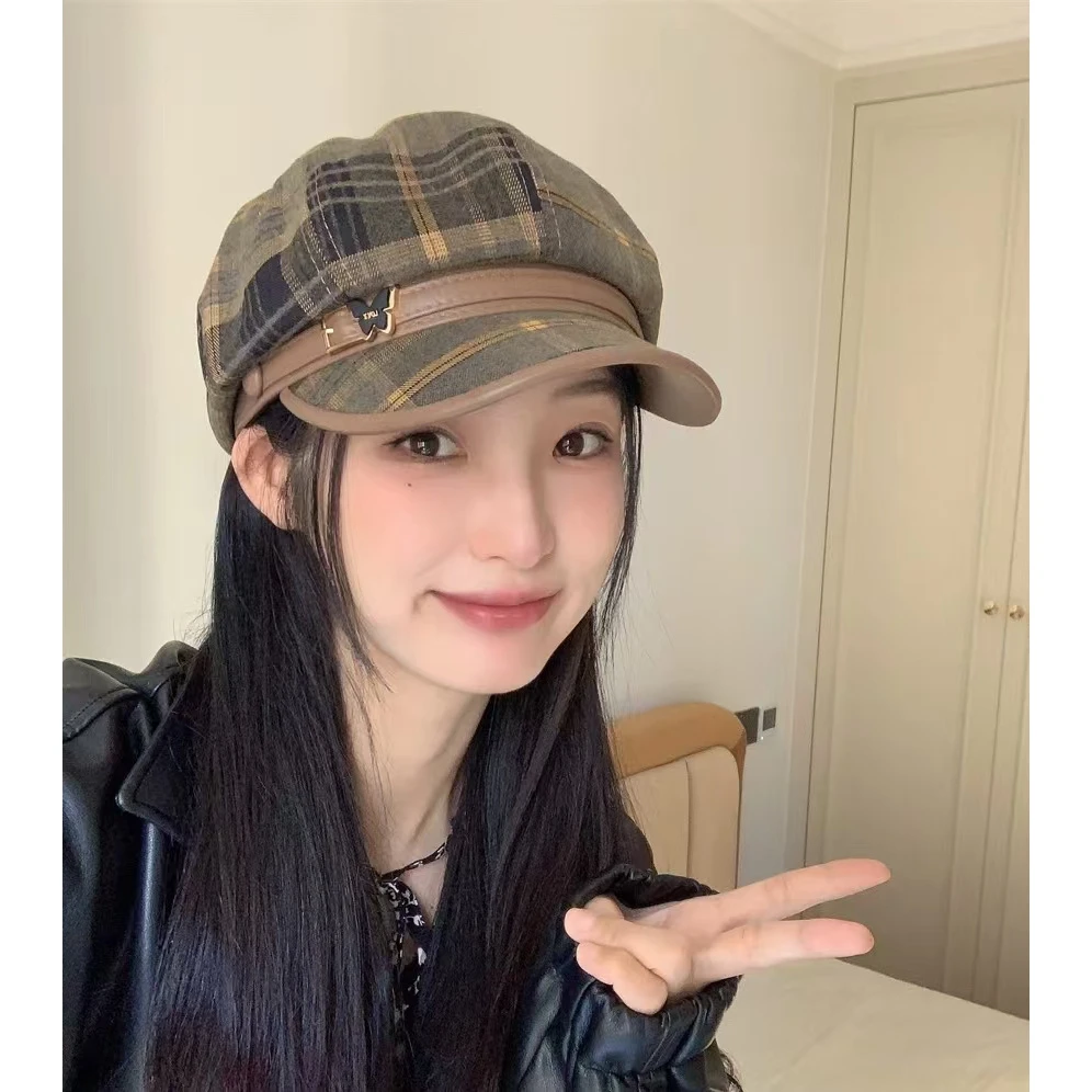 英伦复古风蝴蝶标八角帽子女2024秋冬新款时尚休闲百搭贝雷帽格子