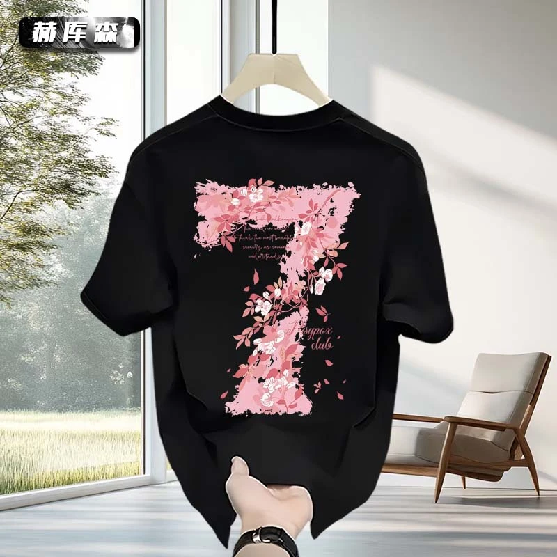 赫库森夏季新款宽松圆领短袖体恤痞帅设计印花纯棉透气T恤上衣服