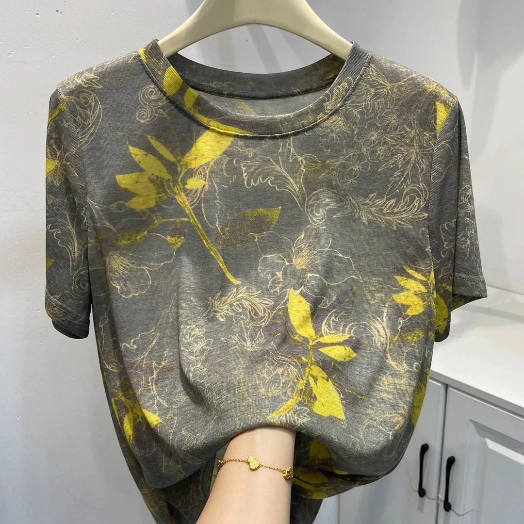 短袖休闲风印花染色树叶常规拼接T恤圆领夏季