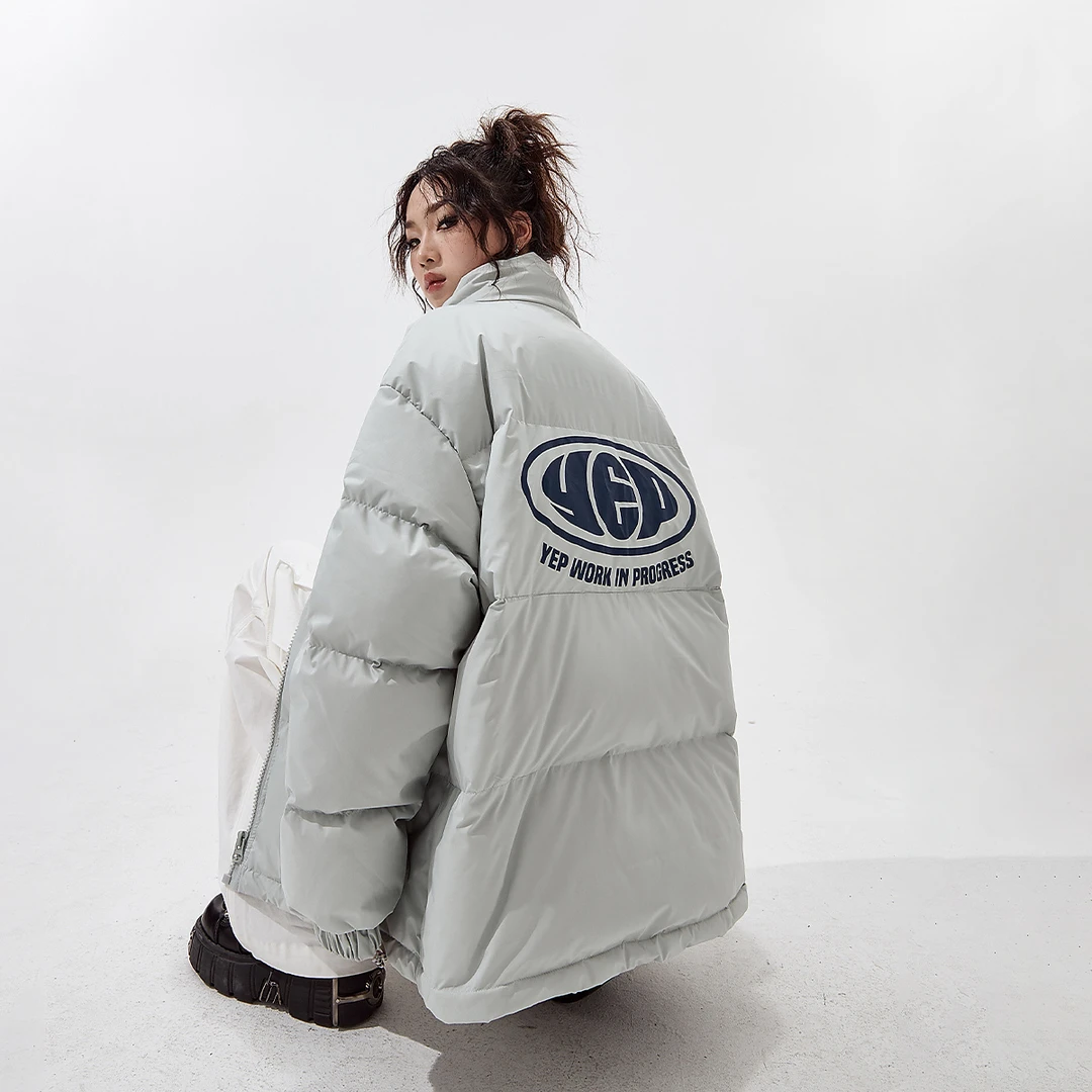 美式潮牌立领羽绒服女冬季加厚外套复古宽松面包服