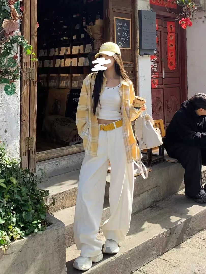 萌萌【黄色格子】衬衫女宽松百搭防晒格纹衬衣外套228517衬/25038裤