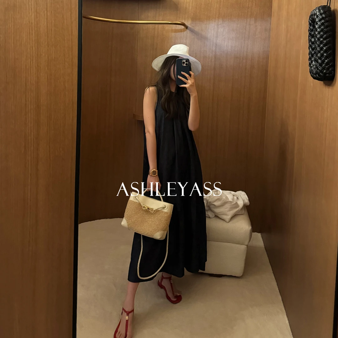 【ASHLEYASS】“挂脖亚麻度假连衣裙”复古棉麻褶皱连衣裙LSQ250605R