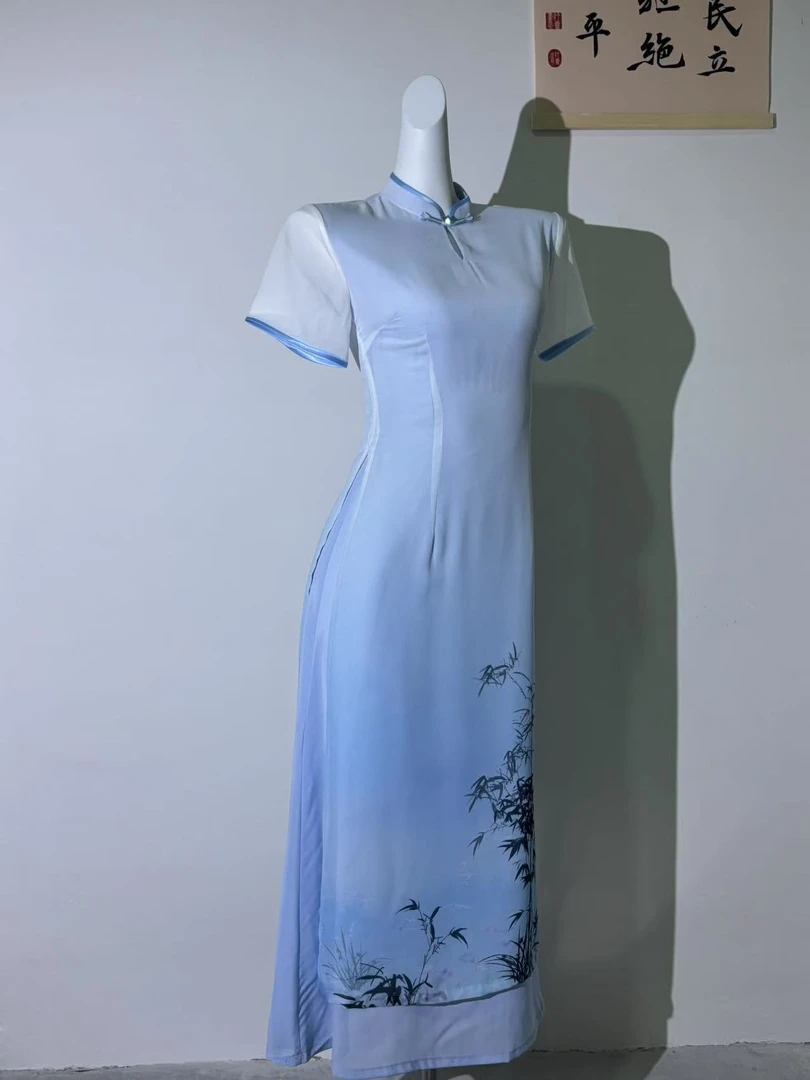 0165 蓝色 渐变 轻纱 定位 （翠竹）奥戴 旗袍