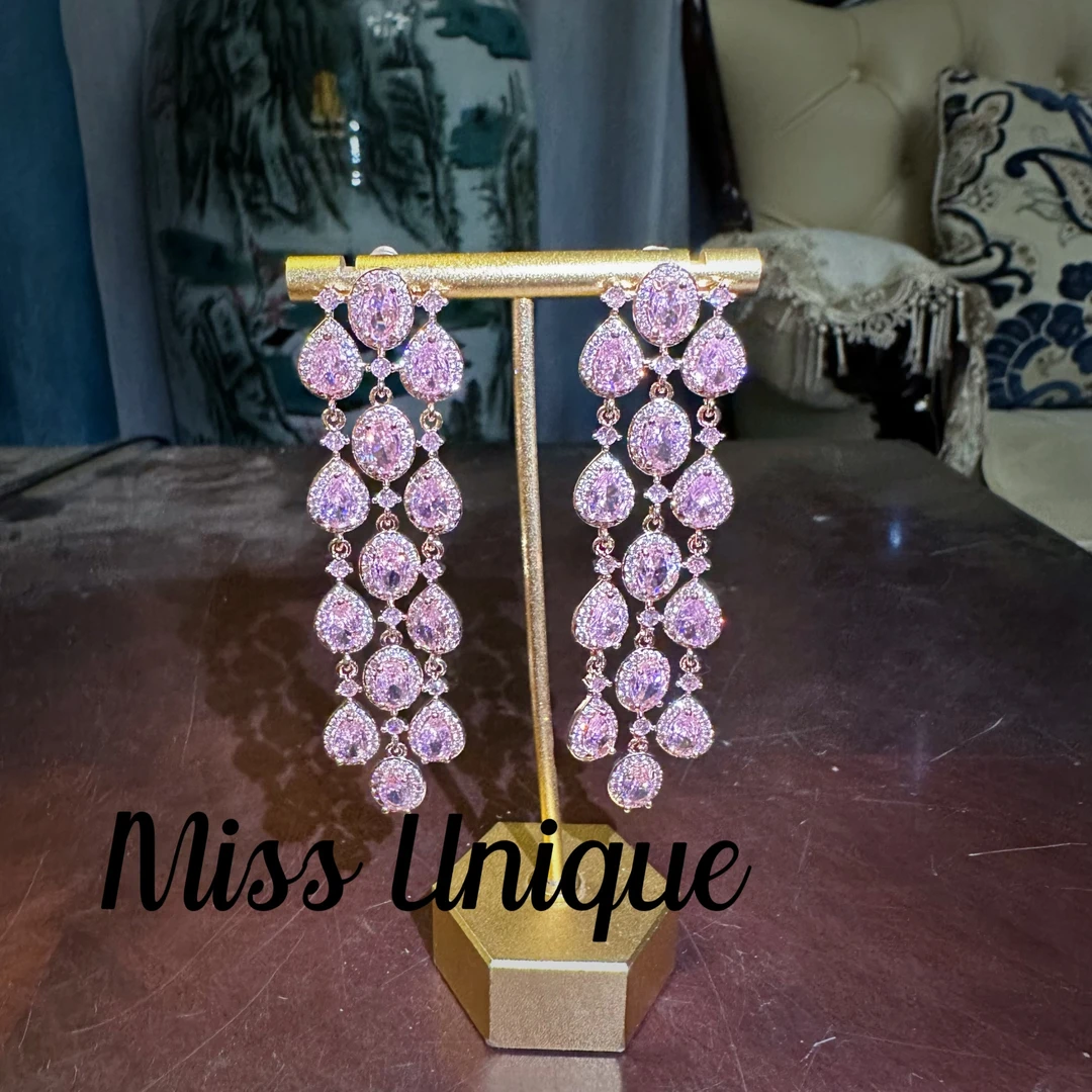 B1879全粉色三条水滴流苏耳环