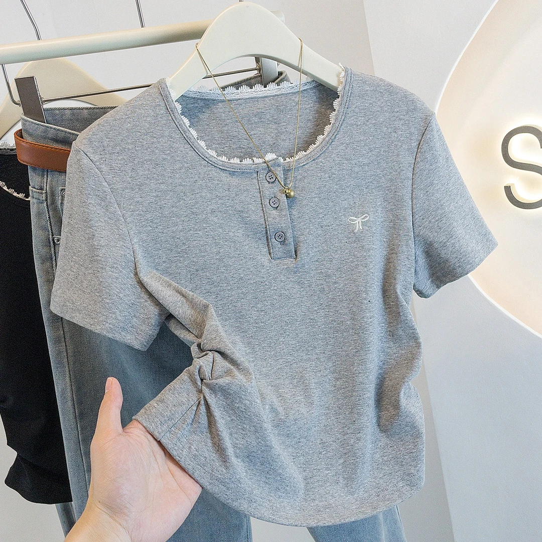 大码洋气小众蕾丝边圆领正肩短袖t恤女休闲夏季显瘦百搭ins上衣潮