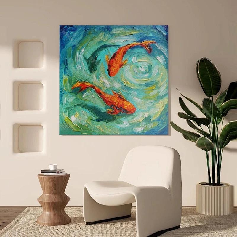 奶油风锦鲤油画玄关装饰画手绘油画抽象花卉油画法式入户玄关挂画