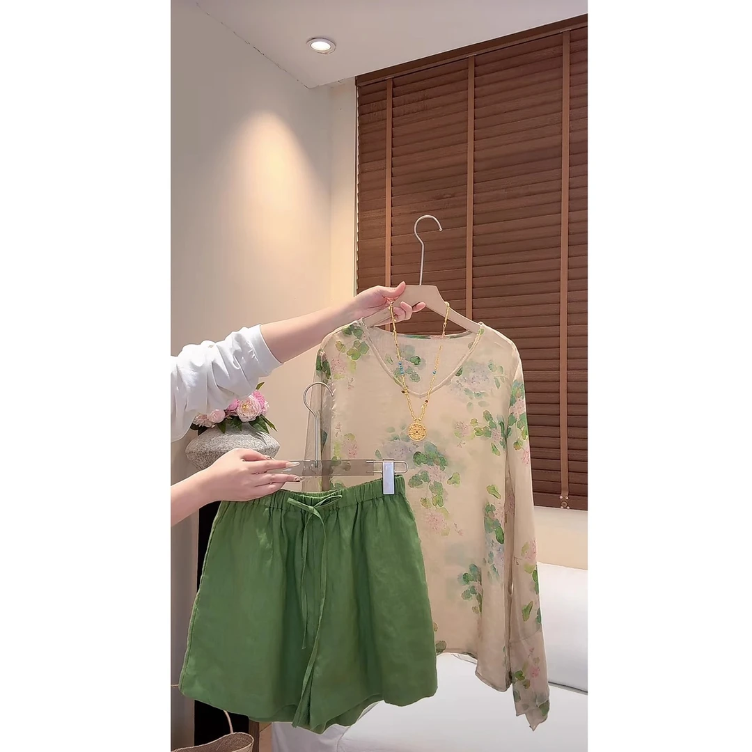 新中式国风睡衣女夏季盘扣防晒衬衫短裤时尚宽松减龄家居服可外穿