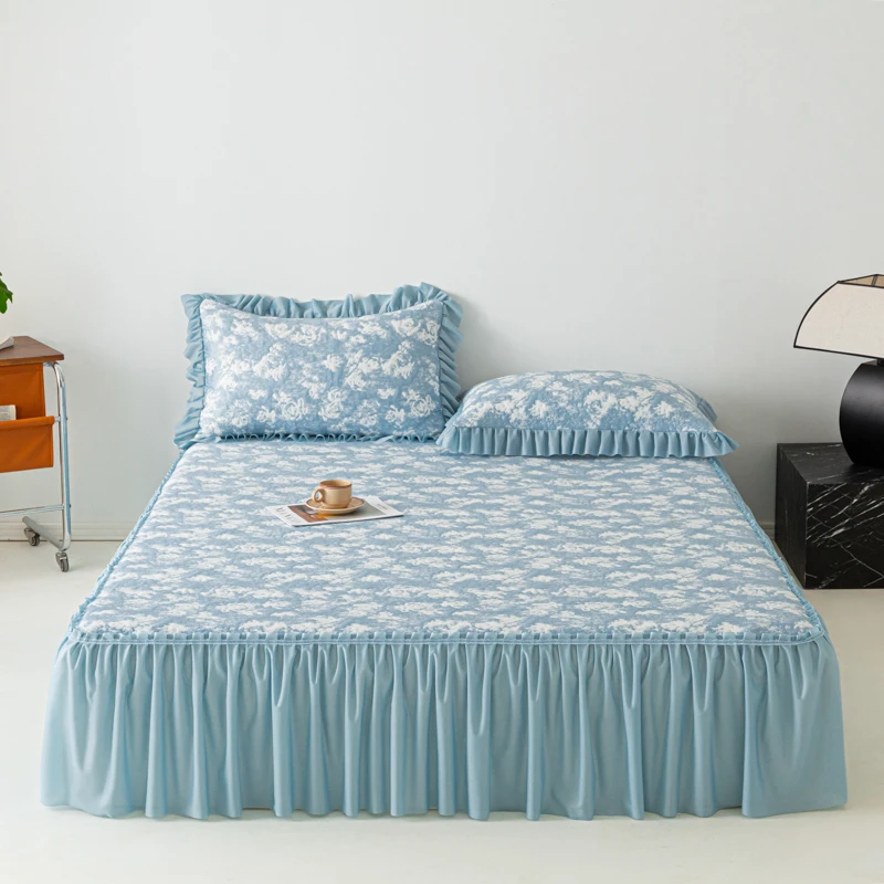 冰丝凉席提花款A类凉感材质 法式轻奢床裙款软凉席三件套