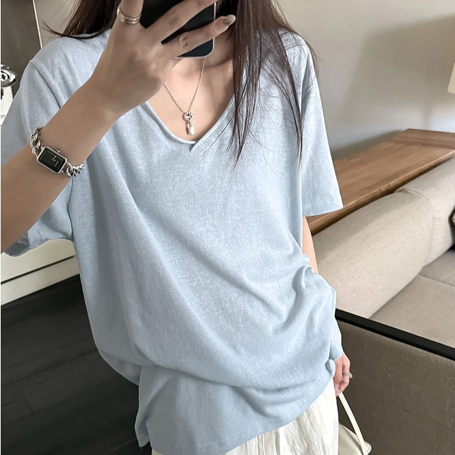 松弛感雪花棉肌理卷边V领短袖宽松慵懒T恤上衣女显瘦纯色夏季穿搭